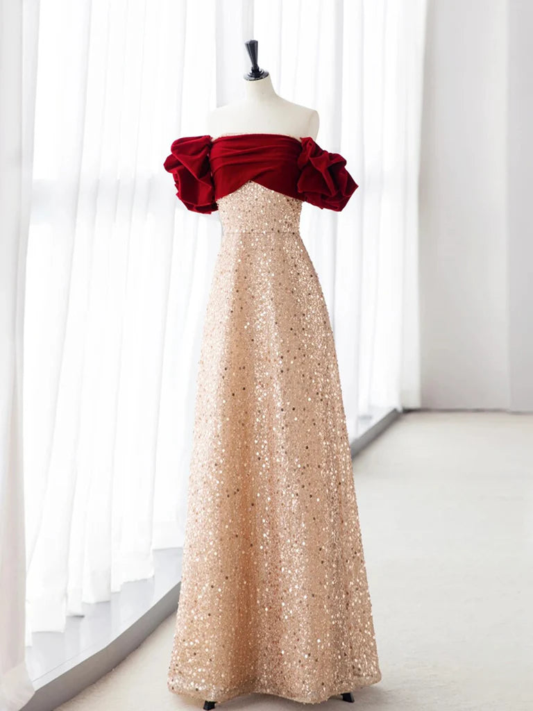 Wholesale Champagne A-Line velvet Long Prom Dress Champagne Tulle Sequin Long Formal Dress gowns evening dresses